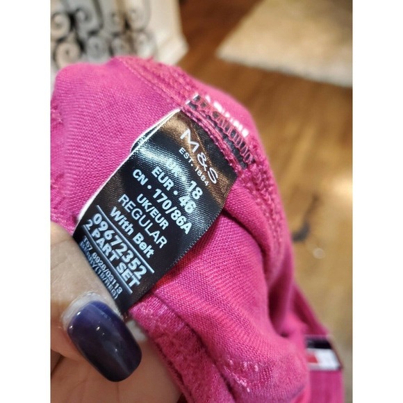 M&S Collection Women Pink 100% Linen Mid Rise Pull On Wide Legs Regular Pants 18 - Picture 9 of 12